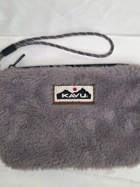 KAVU Plush Clutch Faux Fur Sherpa Wristlet Pouch - Grey Wolf / Stone
